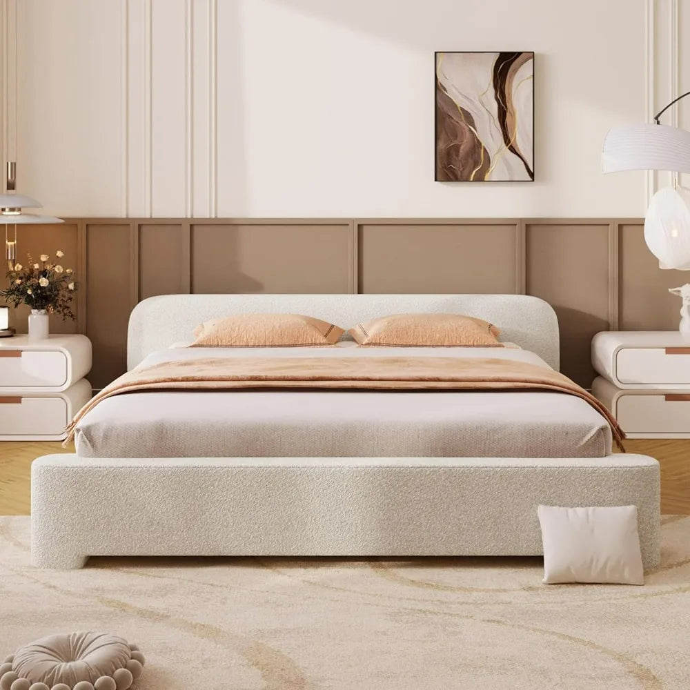 Queen Size Upholstered Bed Frame with Headboard, Boucle Fabric Platform Bed Base, Wood Support Bed
