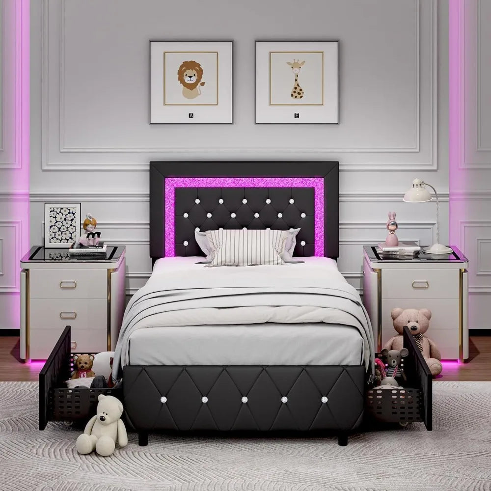 Twin Bed Frame with LED Lights and Storage Drawers, Upholstered Bed Frame with Diamond Headboard, Faux Leather Modern Platform