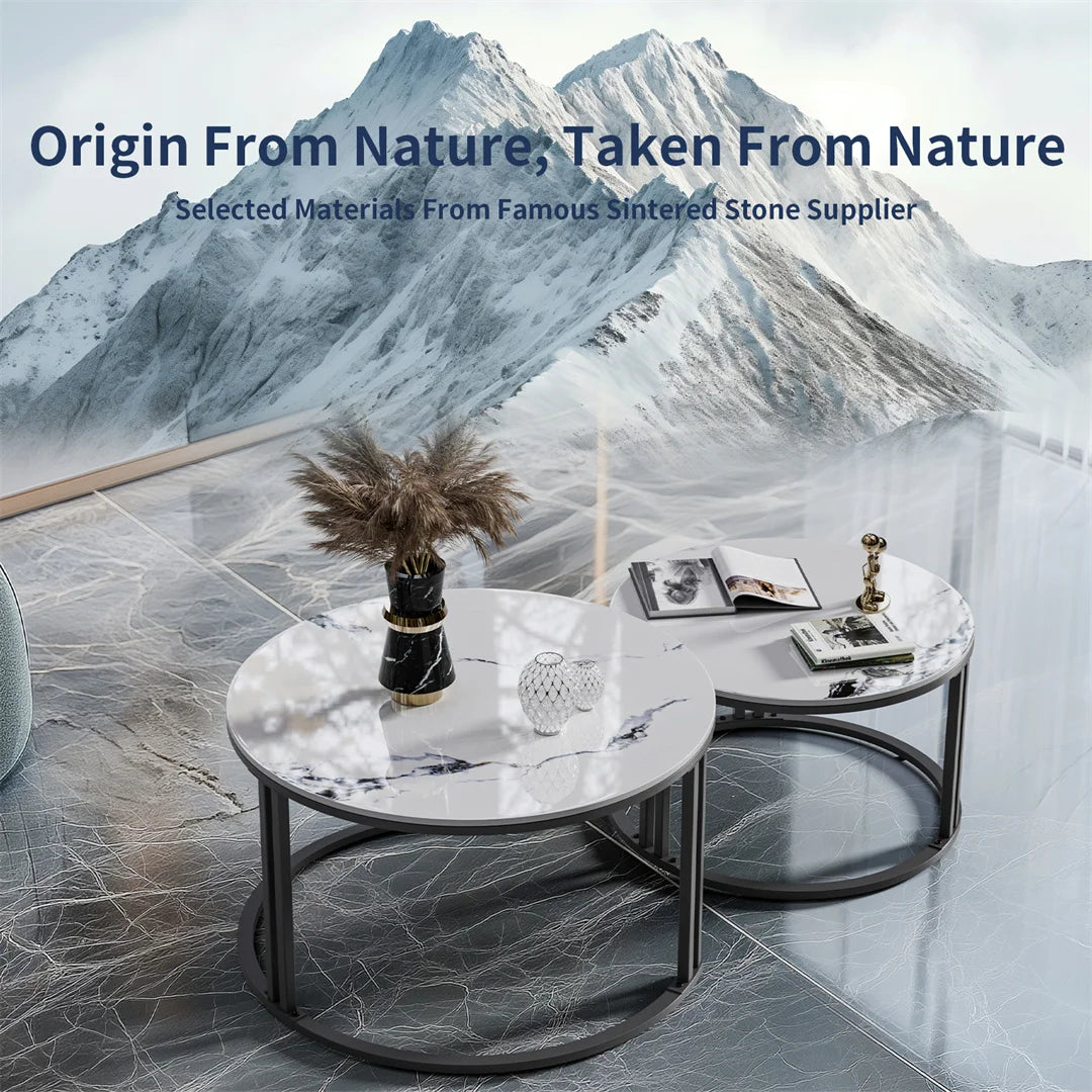 Set of 2 Round Living Room Nesting Table Anti-Rust Outdoor Stacking Center Coffee Table, Small Space Friendly