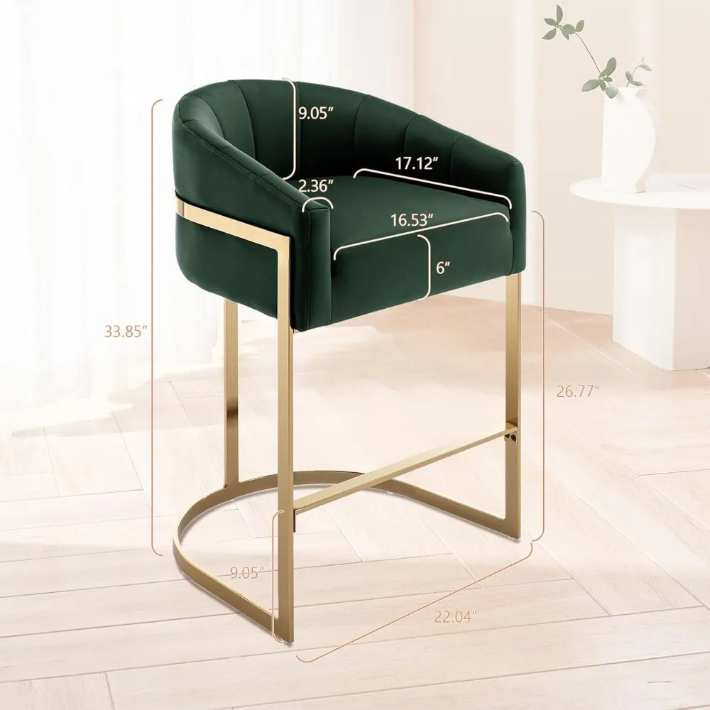 Counter Height Bar Stools Set of 2, Modern 27" H Barrel Counter Stools with Shell Back, Gold Velvet Bar Stools for Kitchen Island