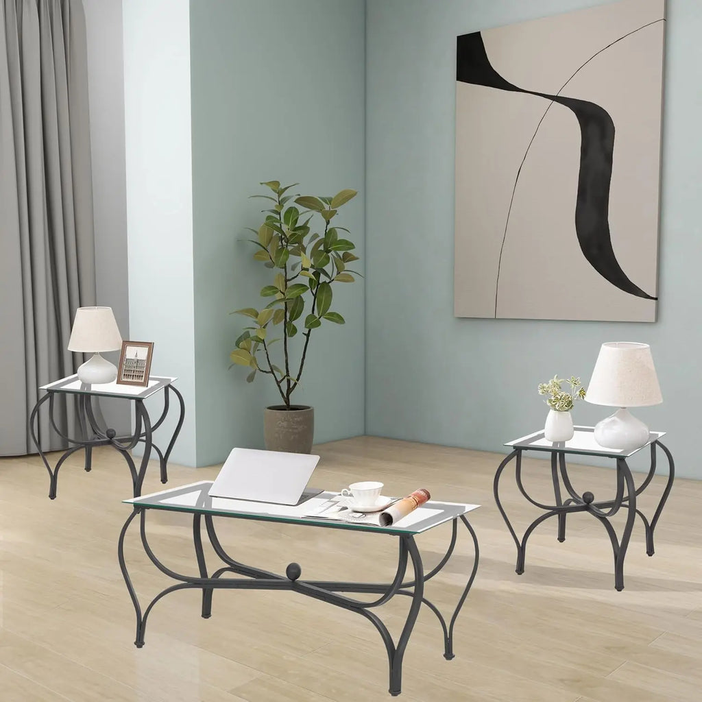 3-Piece Coffee Table Set, Tempered Glass Surface Living Room Sets, Coffee Table & 2 End Side Table, Metal Frame