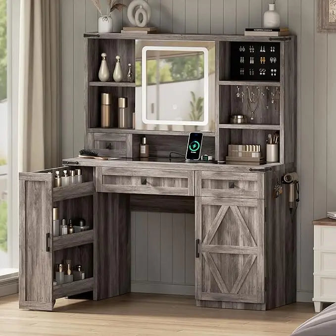 Makeup Vanity Desk With Sliding Mirror, Luminated Glass Top And 3-Tier Hidden Storage