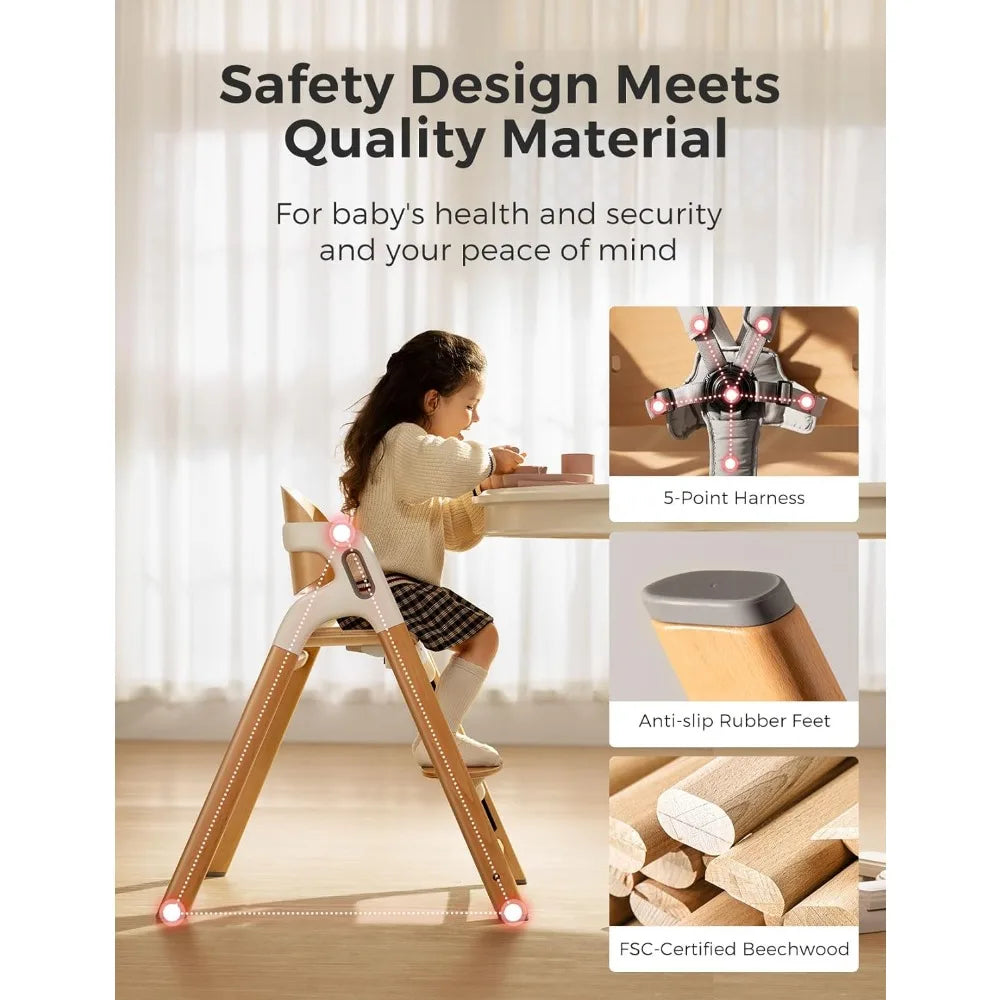 Wooden High Chair for Babies, Toddlers & Adults up to 308 Pounds, Convertible with Food-Grade Tray, Dishwasher Safe