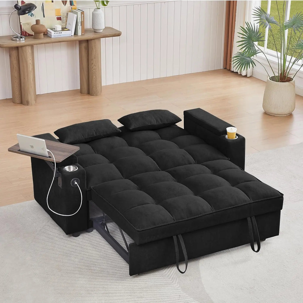 65-inch 3-in-1 Folding Sofa Bed with Pullout Function, Modern Chenille Fabric, 360-Degree Swivel Side Table
