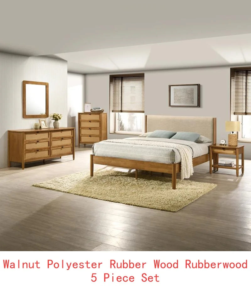 5-Piece Rubberwood Queen Bedroom Set with : Dresser, Mirror, Nightstand, and Chest, Textured Upholstered in Polyester
