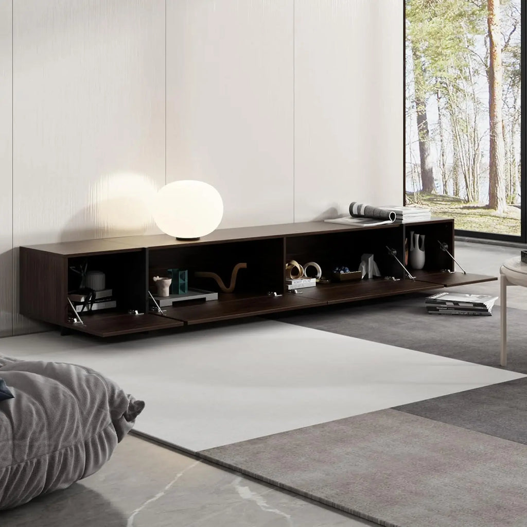 95.1" W TV Stand with 4 Flip-Down Drawers, Modern Entertainment Center with Storage, Media Console Table TV Cabinet, Dark Brown