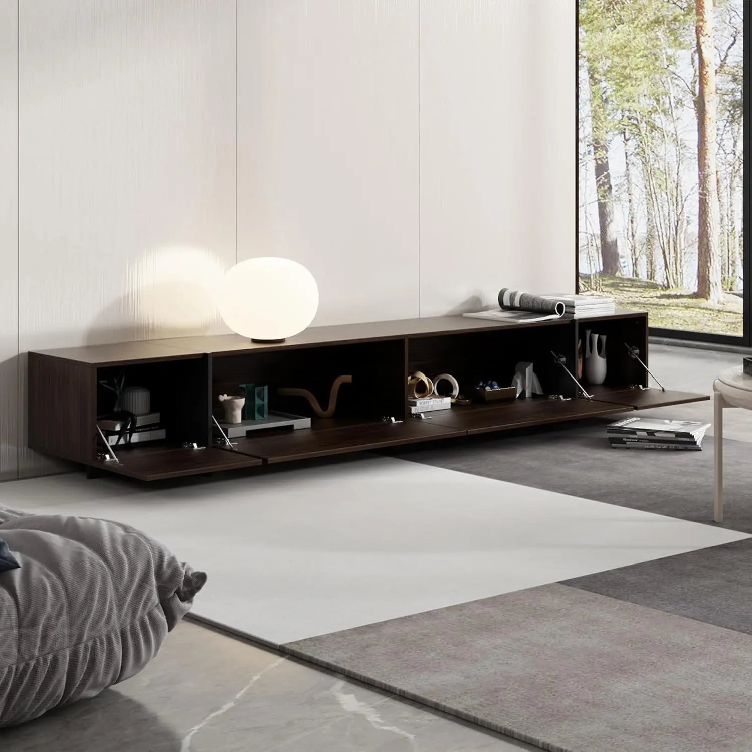95.1" W TV Stand with 4 Flip-Down Drawers, Modern Entertainment Center with Storage, Media Console Table TV Cabinet, Dark Brown
