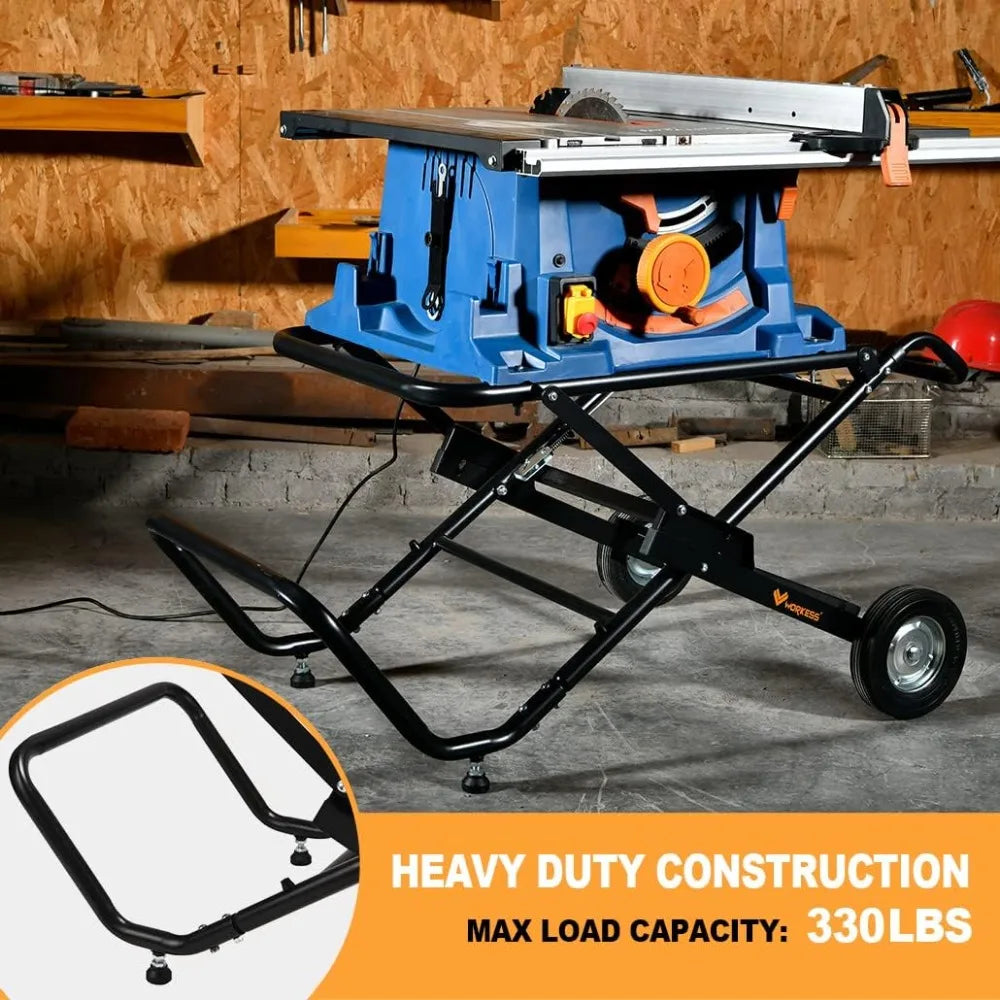 Portable Table Saw Stand, 330 LBS Load Capacity Rolling Foldable Table Saw Table with 8 Inch Wheels, Heavy Duty Construction