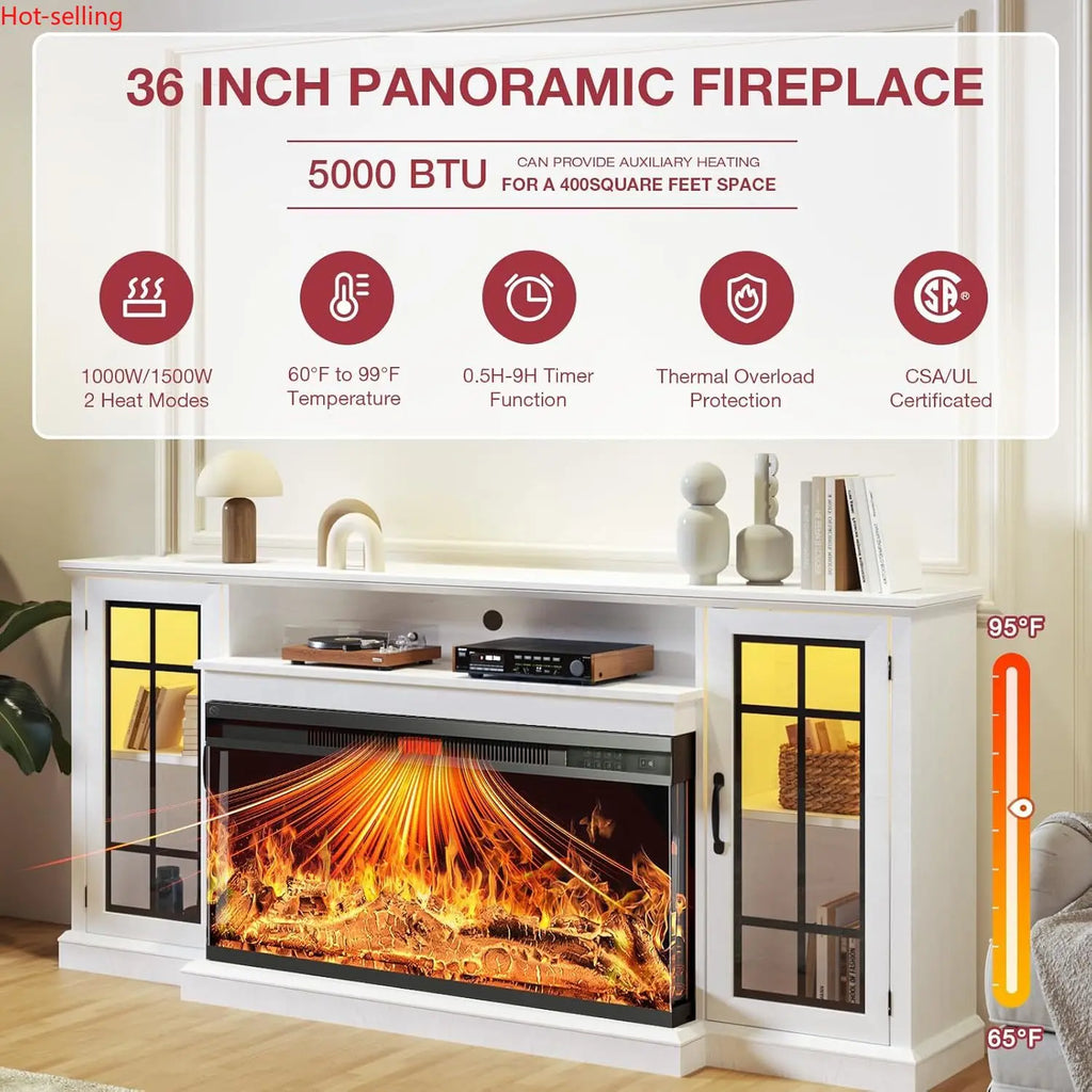 36 Inch 3-Sided Glass Fireplace TV Stand for TVs up to 80",Rustic Media Entertainment Center/Console Table with Glass Door/Storage