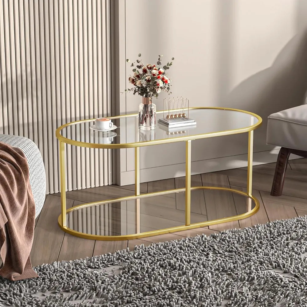 Gold Glass Coffee Table for Living Room, 2 Tiers Oval Center Table with Sturdy Metal Frame, Modern Tempered Glass Accent