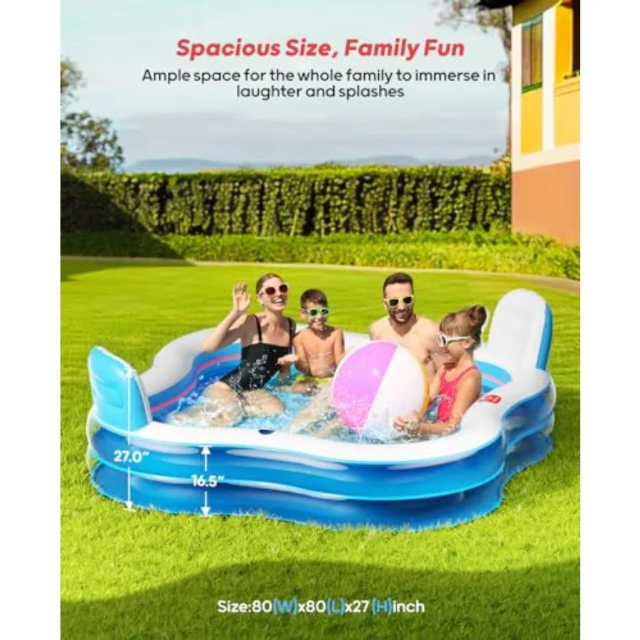 Inflatable Swimming Pool with 2 Seats and Backrests, 80 L x 80 W x 16.5 D Large Full-Sized Family Pools for Backyard, Garden, O