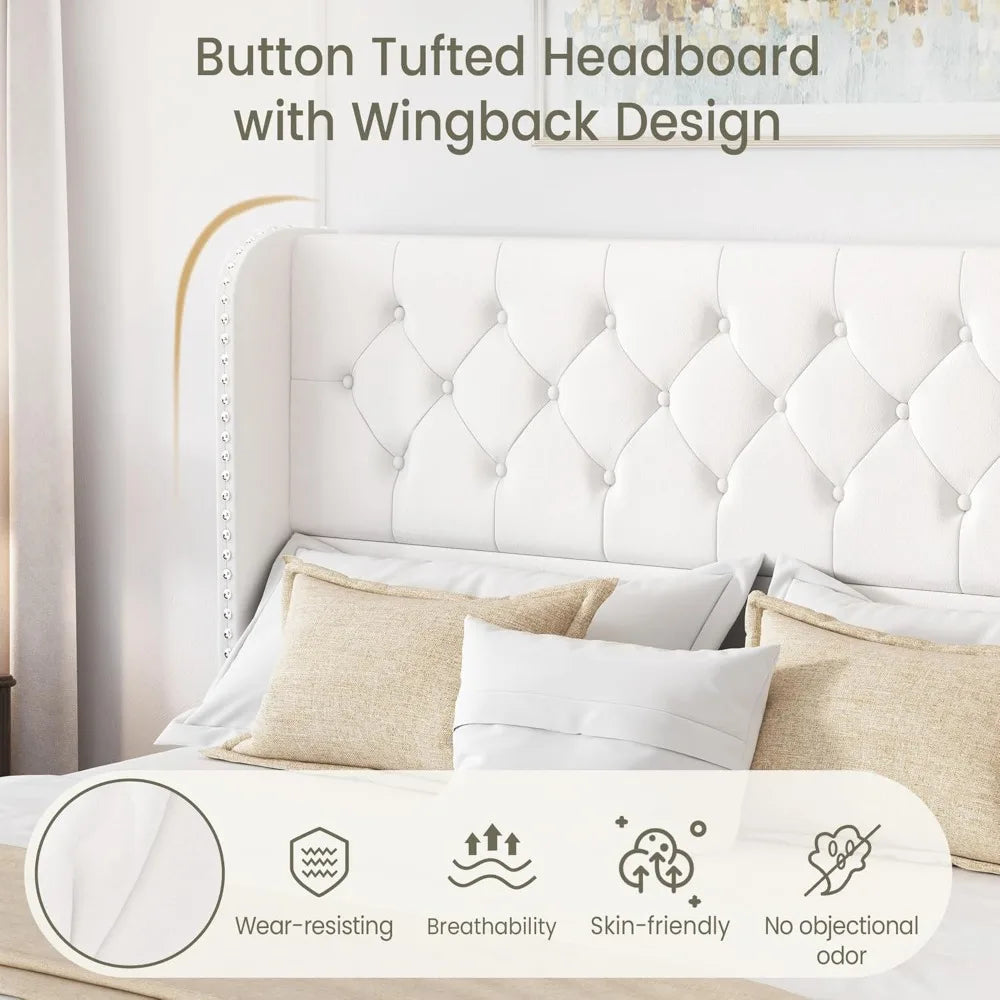 King Size Bed Frame with 4 Storage Drawers and Tufted Velvet Wingback Headboard/ Upholstered Platform Bed Frame