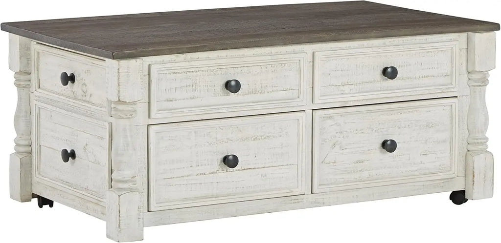 Farmhouse Lift Top Coffee Table with 4 Storage Drawers and Small Storage Tray, Whitewash