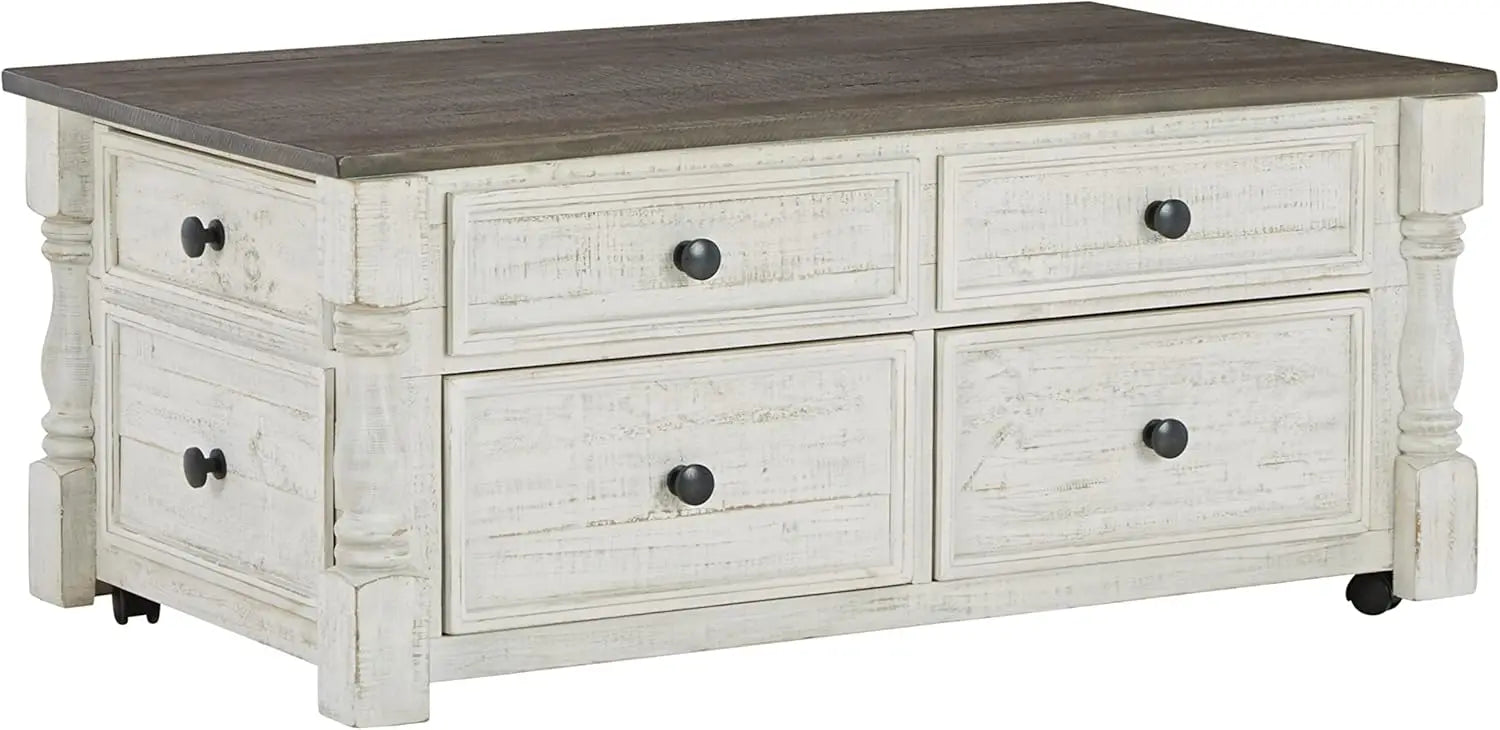 Farmhouse Lift Top Coffee Table with 4 Storage Drawers and Small Storage Tray, Whitewash