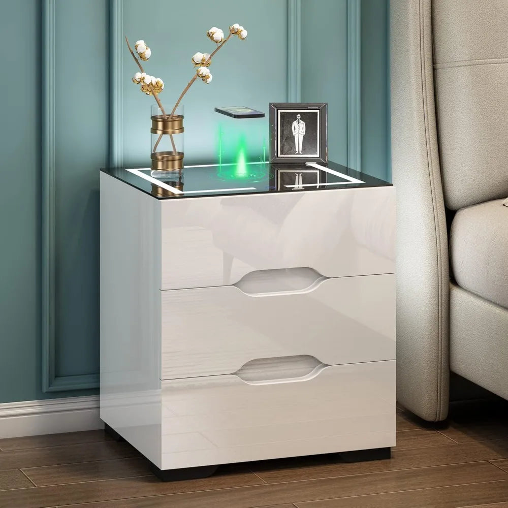 White Smart Nightstand with Wireless Charging Station & Adjustable LED Lights, High Gloss End Table with 3 Drawers & USB Charging