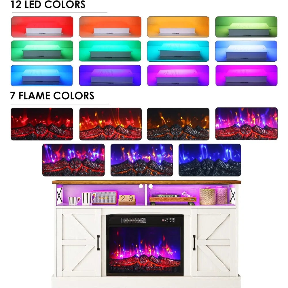 TV Stand with Fireplace, 59" Entertainment Center with LED Lights, for 65" TVs, with Opening Shelves and Storage Cabinet