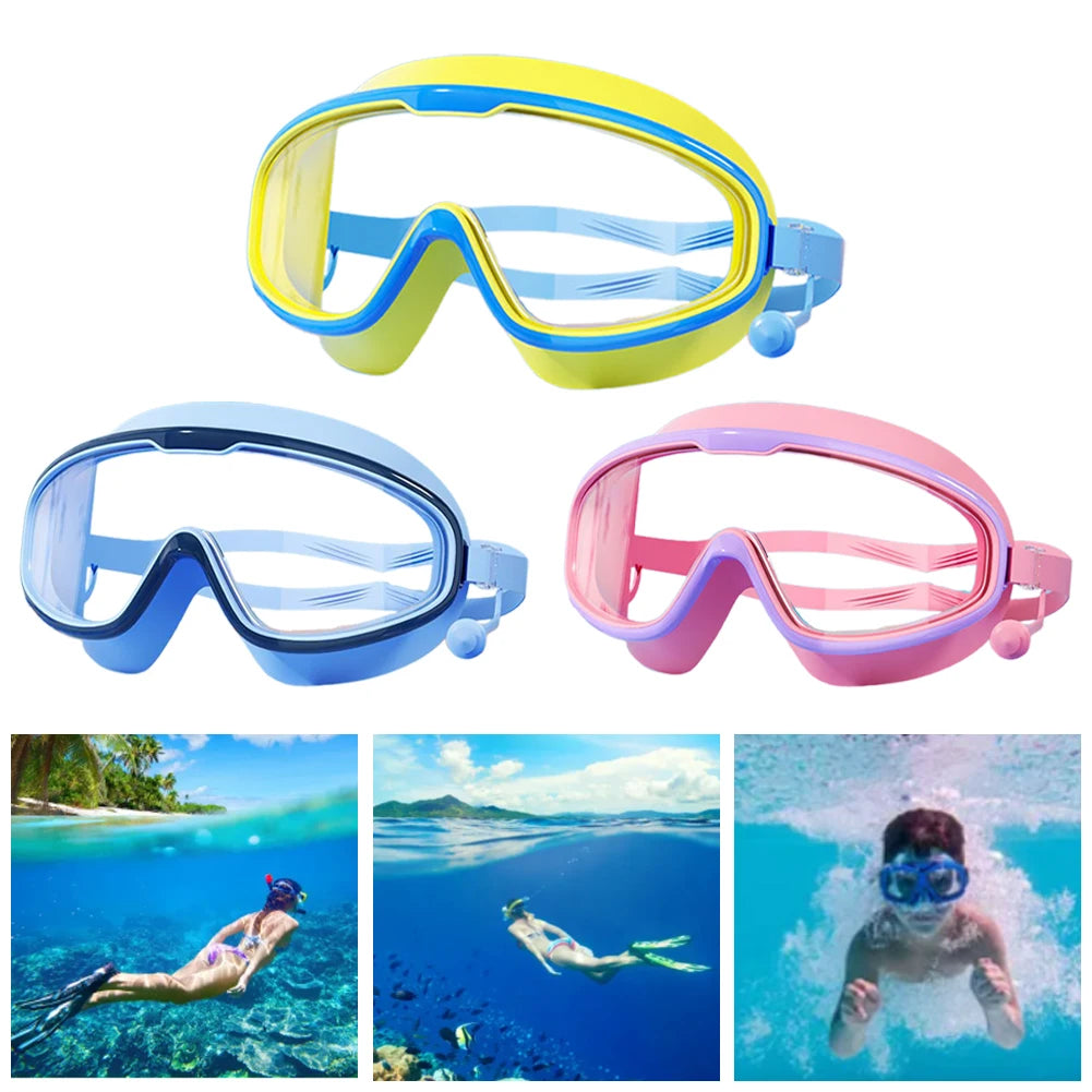 Kids Swim Goggles HD Swim Glasses with Earplugs/ UV Protection Swimming Goggles/ Large Frame Swim Sports Eyewear for Boys/ Girls