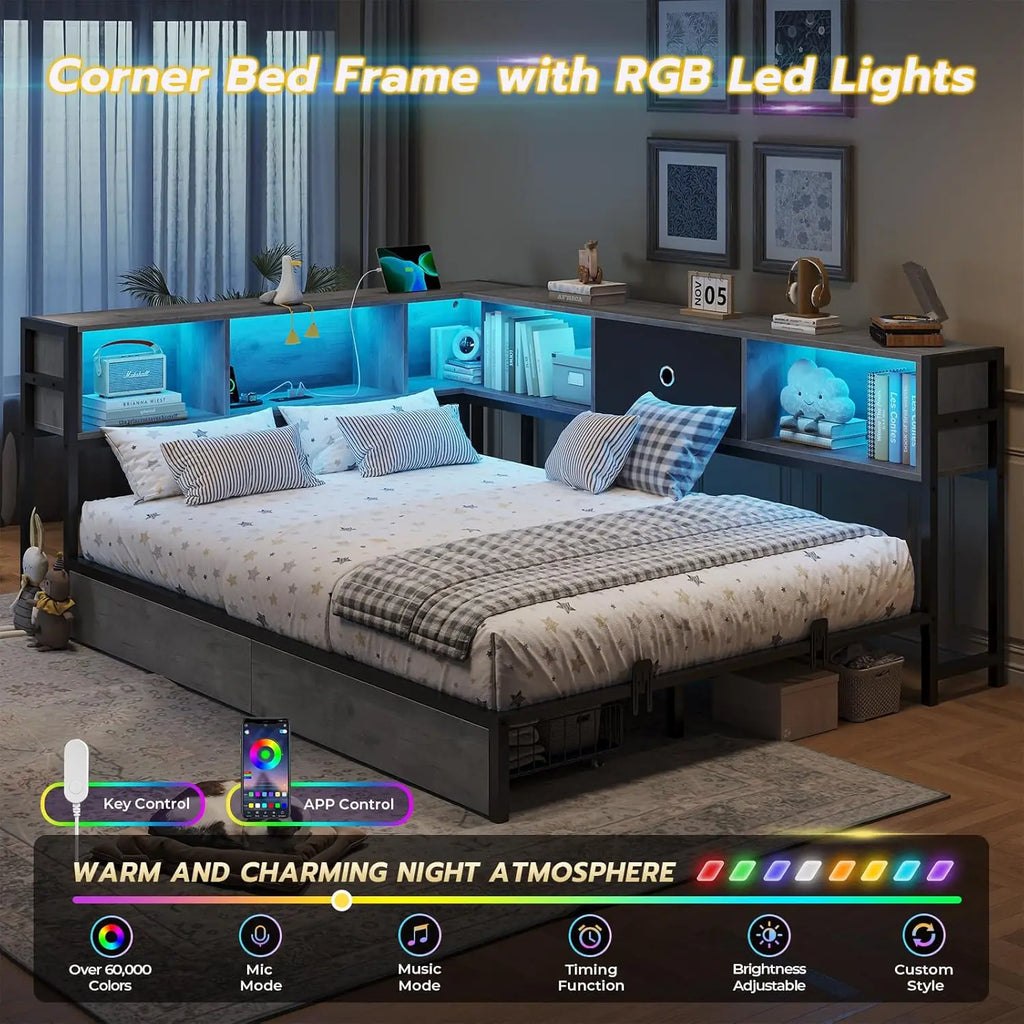 Corner Full Bed Frame, Bookcase Storage, and Led Lights Full Size Metal Platform Bed Frame with Storage Drawers & Charging