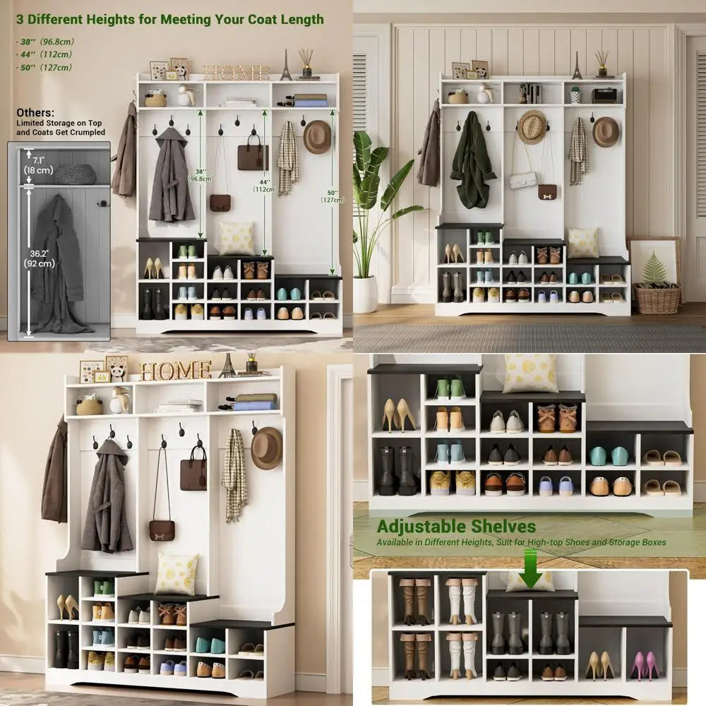 Farmhouse Style 77 Entryway Bench with Shoe Storage and Coat Rack, Featuring 16 Shoe Cubbies and 10 Hooks, Dimensions 15.8 Depth