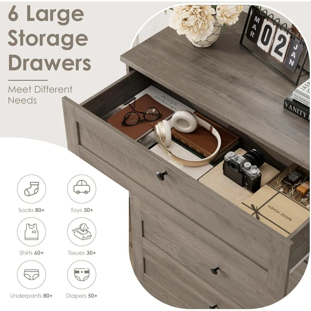 6 Drawer Dresser for Bedroom, 52" Tall Dresser & Chest of Drawers, 29" W Wood Drawer Chest, Modern Vertical Storage Cabinet