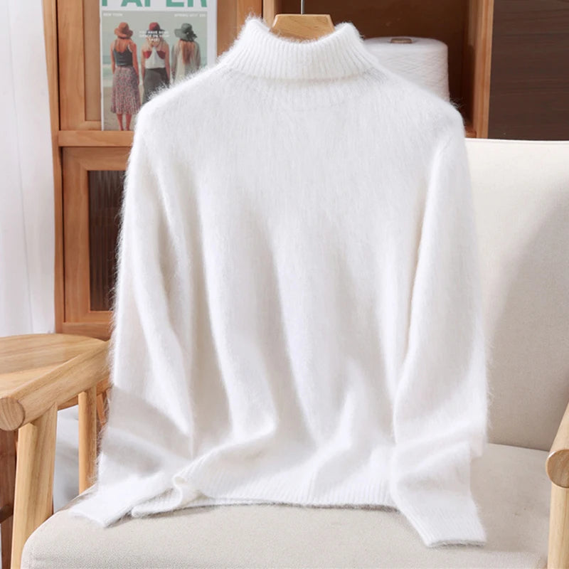 Autumn And Winter 100% Mink Cashmere Sweater, Ladies' High Lapel Solid Color Padded Pullover Wool Knitted Bottoming Shirt