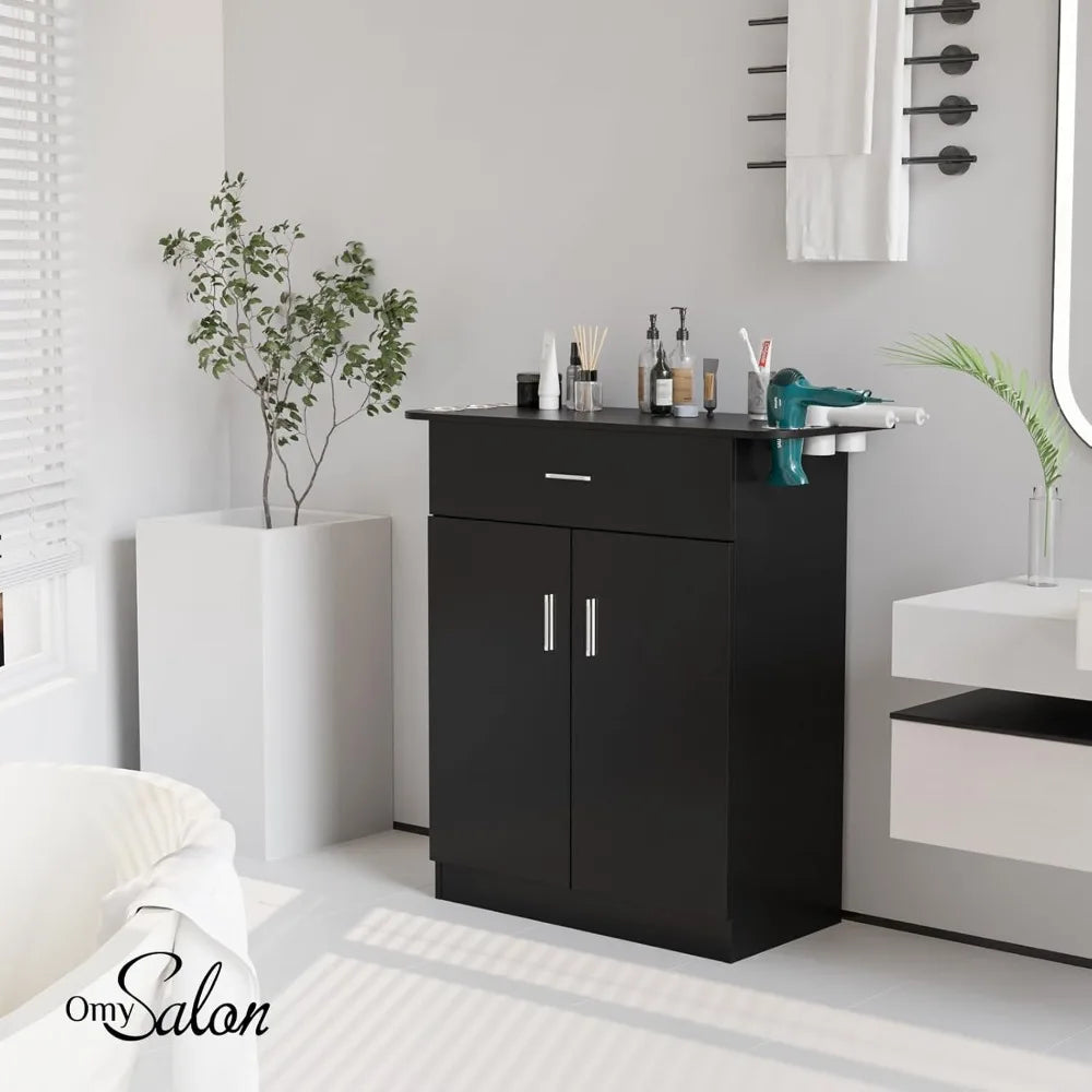Salon Storage Station, Free Standing Cabinet with 1 Drawer, 1 Storage Cabinet, 6 Hair Dryer Holders for Hair Styling, Black