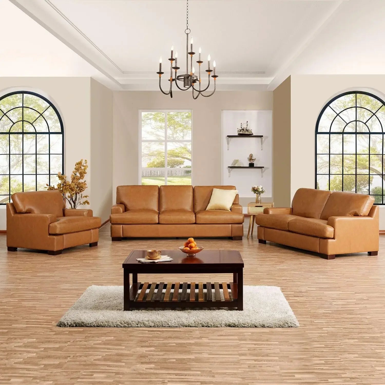 Genuine Leather Sofa - Set of 3 Luxurious Comfort, Goose Feather Cushion Filling, Square Arm Design, Sturdy Block