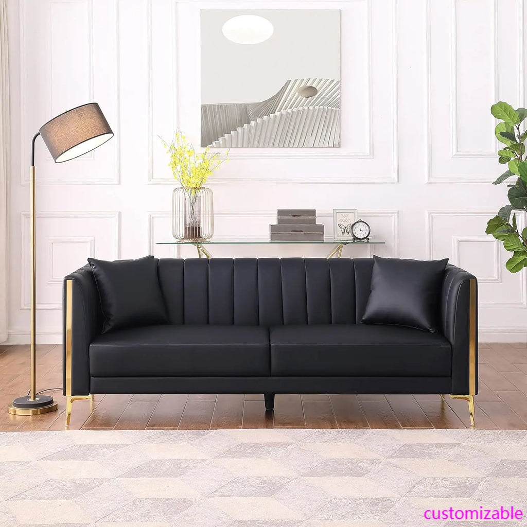 78'' Sofa, Black Faux Leather Couch / Sofa 3 Seater Couch with 2 Throw Pillows and Gold Metal