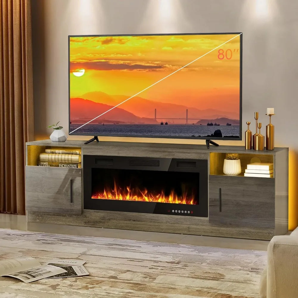 Popular-Fireplace TV Stand With 36" Fireplace Up To 80" TVs ,LED Light Entertainment Center And Storage