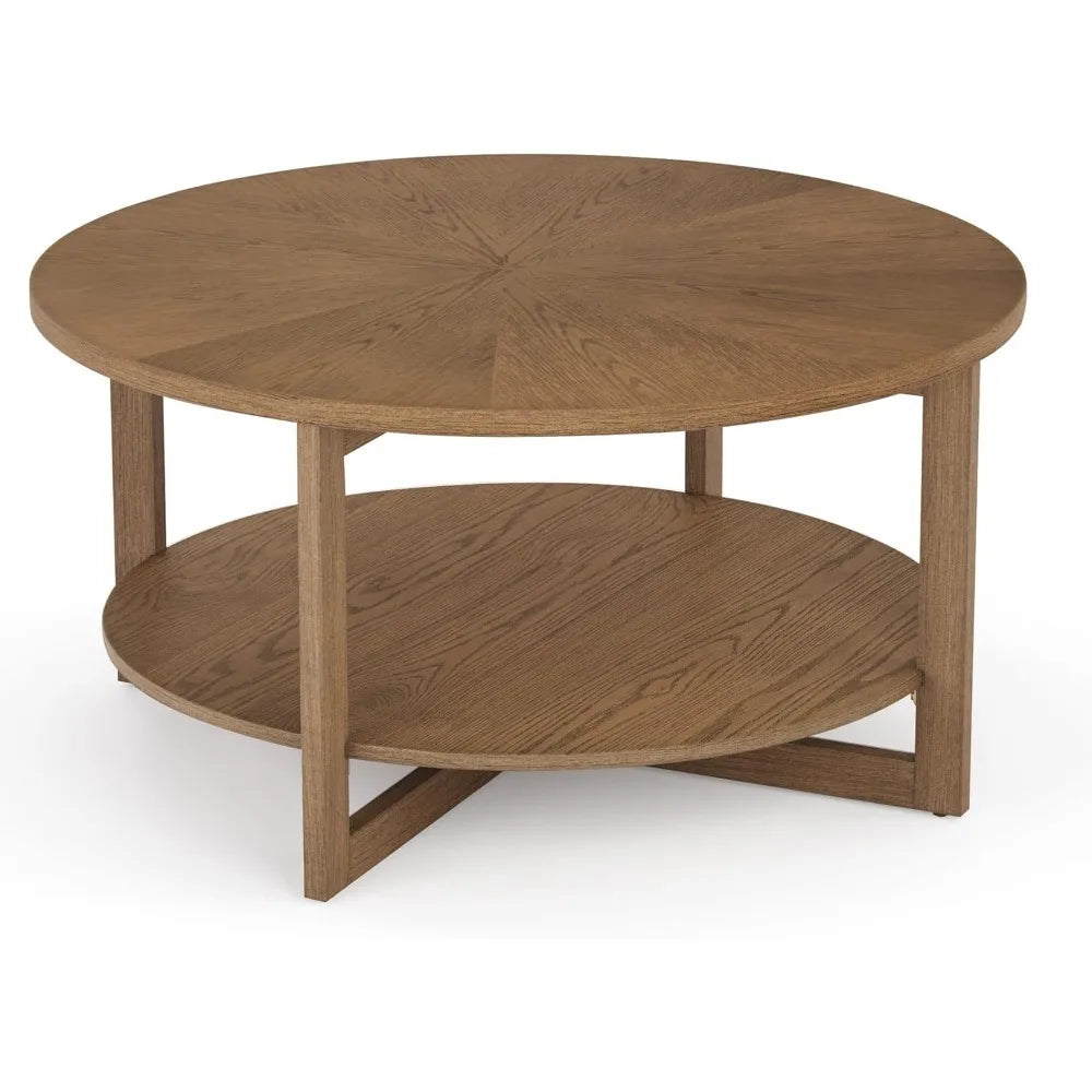 Rustic Modern 35" Circle Coffee Table with 2-Tier Storage Shelf, Dark Wood Living Room Furniture