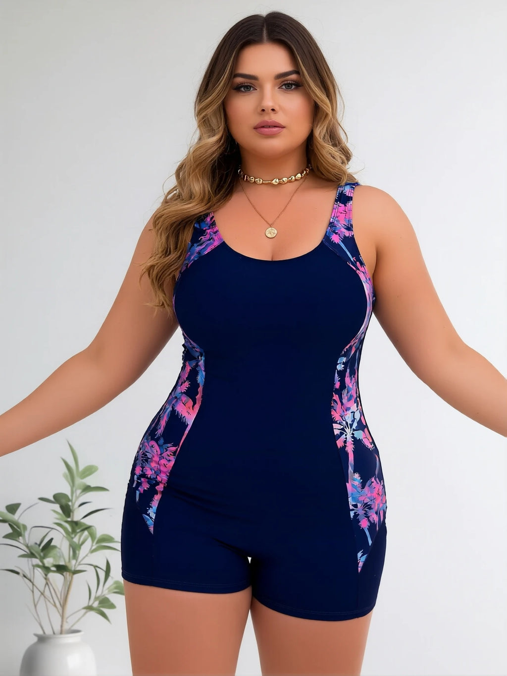 Plus Size One Piece Swimsuit for Women Tummy Control Tropical Palm Print Boyleg Bathing Suit Modest Full Coverage U-Neck Swimwear