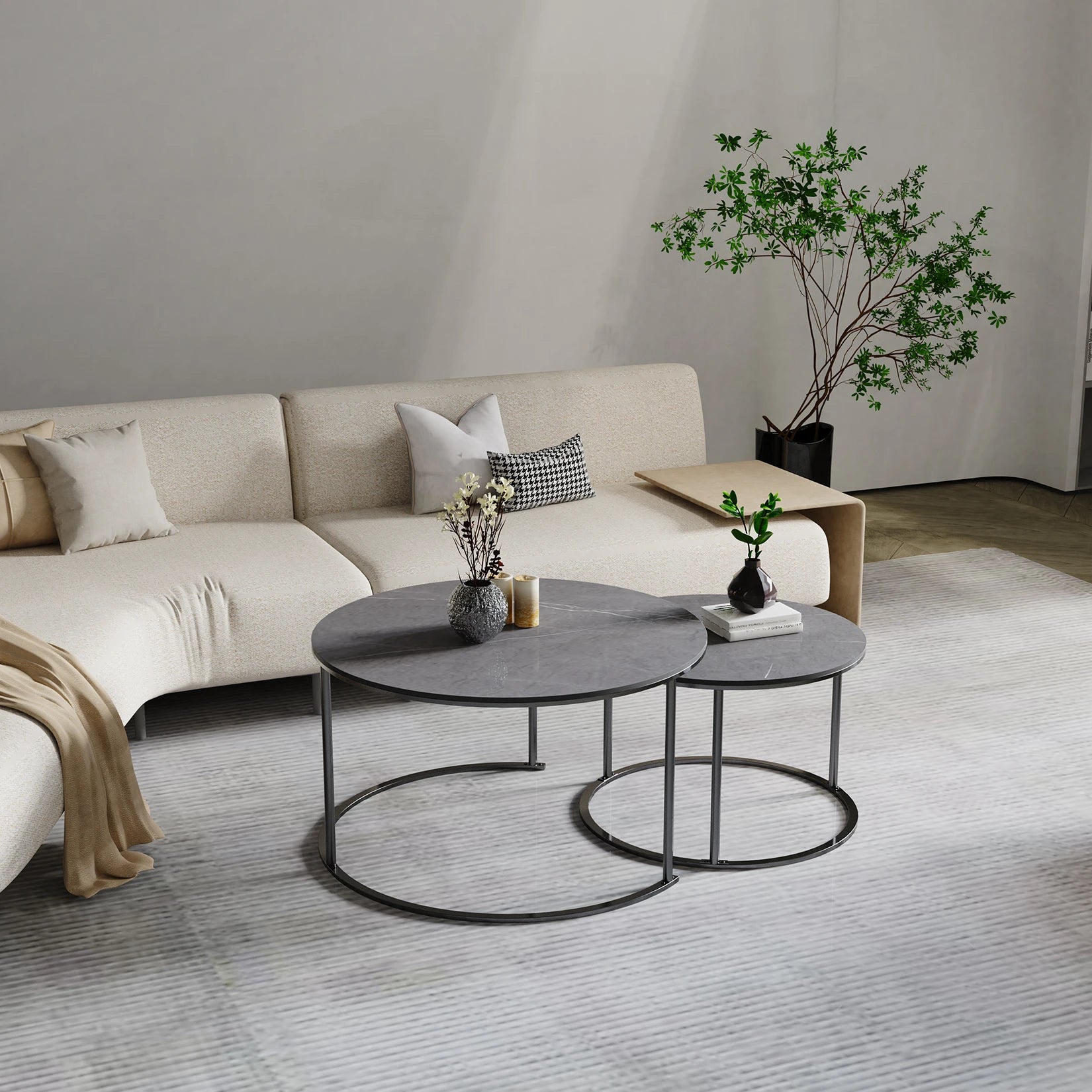 Modern Nesting Round Grey Marble Top Coffee Table Set/ Sintered Stone Table/ Metal Legs Home Furniture