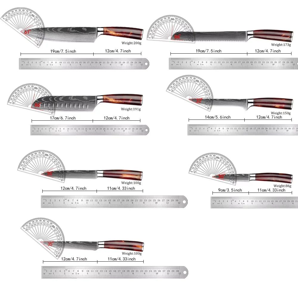 Kitchen Knife Set 15-Piece With Wooden Block, Laser Damascus Pattern Steel Professional Chef's Knife, With Scissor Sharpening Rod