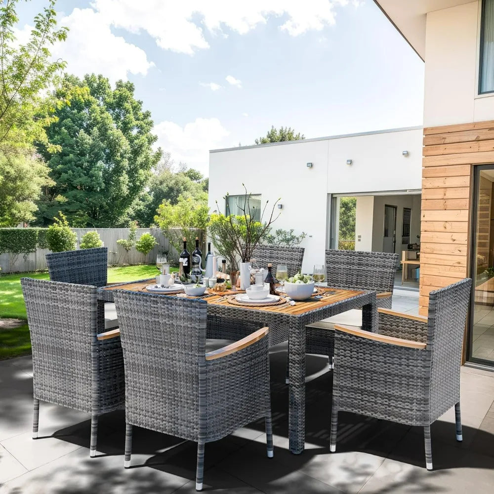 7-Piece Wicker Outdoor Dining Set with Wooden Table and Cushioned Chairs