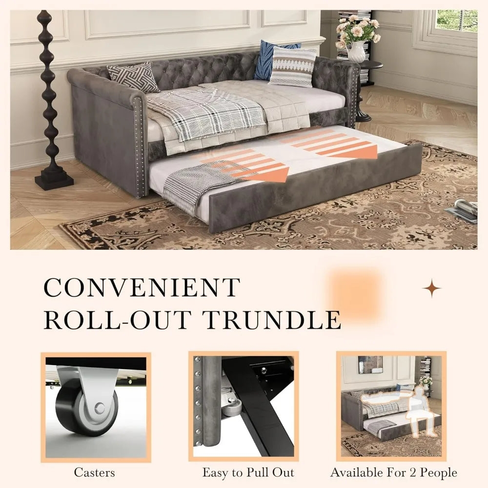 Modern Velvet Daybed with Trundle, Sofa Bed Featuring Tufted Button Design and Curved Armrests for Living Spaces and Bedrooms