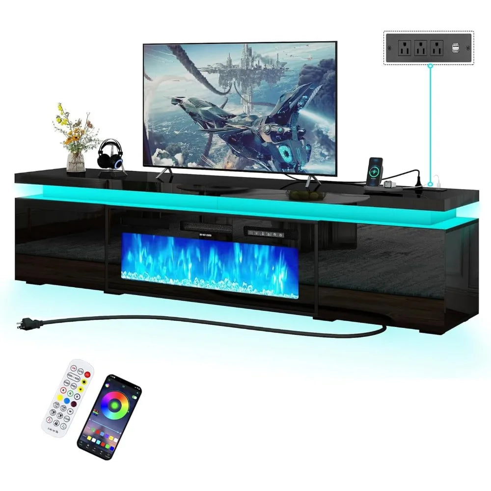 Fireplace TV Stand for 80" TV, 71" LED TV Stand with 40" Electric Fireplace & Power Outlet, High Gloss Surface, 2 Storage Cabinets