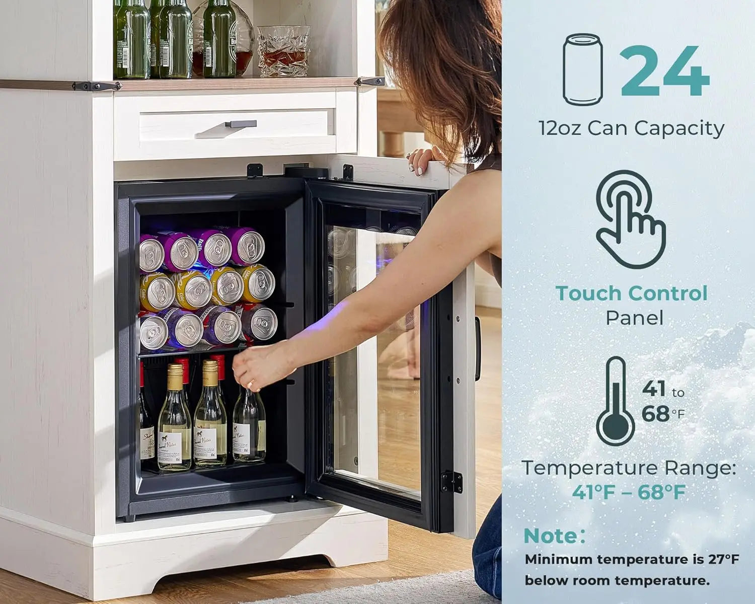 Bar Cabinet with Fridge (Included), 69" Farmhouse Wine Cabinet with Storage Drawers & Adjustable Shelves