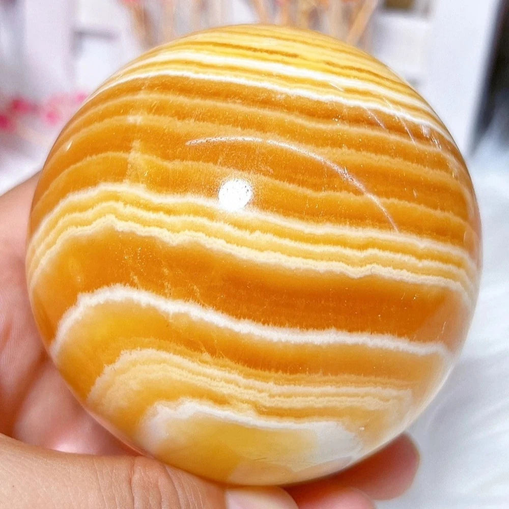 6.5-7cm  Yellow Calcite Sphere Honey Crystal  Home Decor Ball/  Healing Stone/ Stripes Orange Sphere