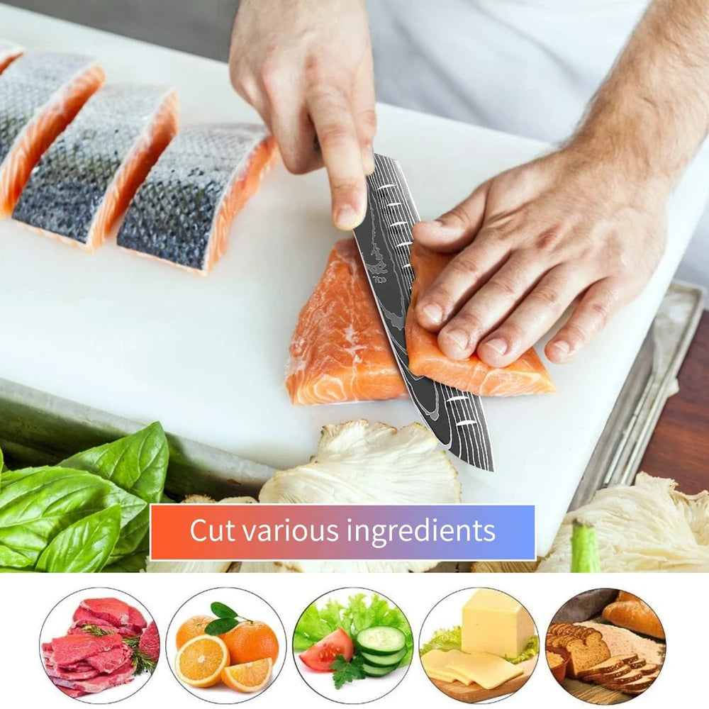 Kitchen Knife Set 15-Piece With Wooden Block, Laser Damascus Pattern Steel Professional Chef's Knife, With Scissor Sharpening Rod