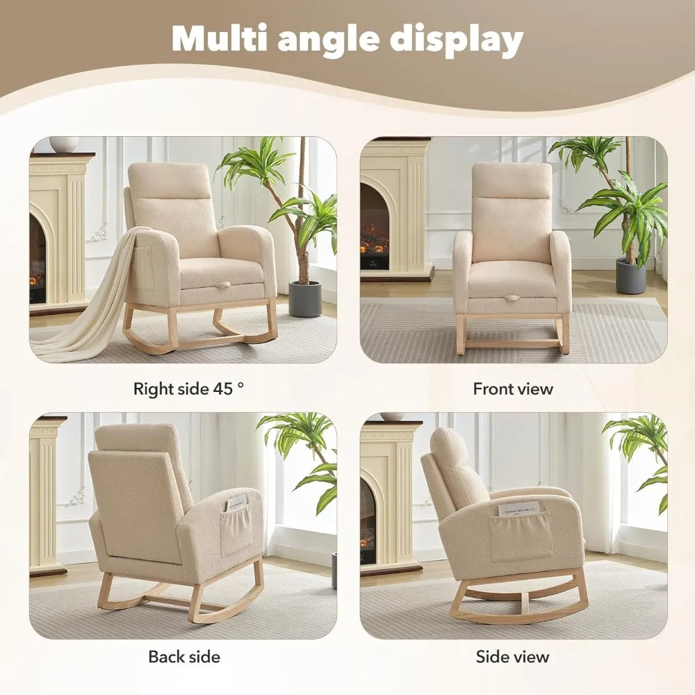Modern Upholstered Glider Rocking Chair with Side Pocket, High Backrest and Padded Seat for Nursery and Living Room