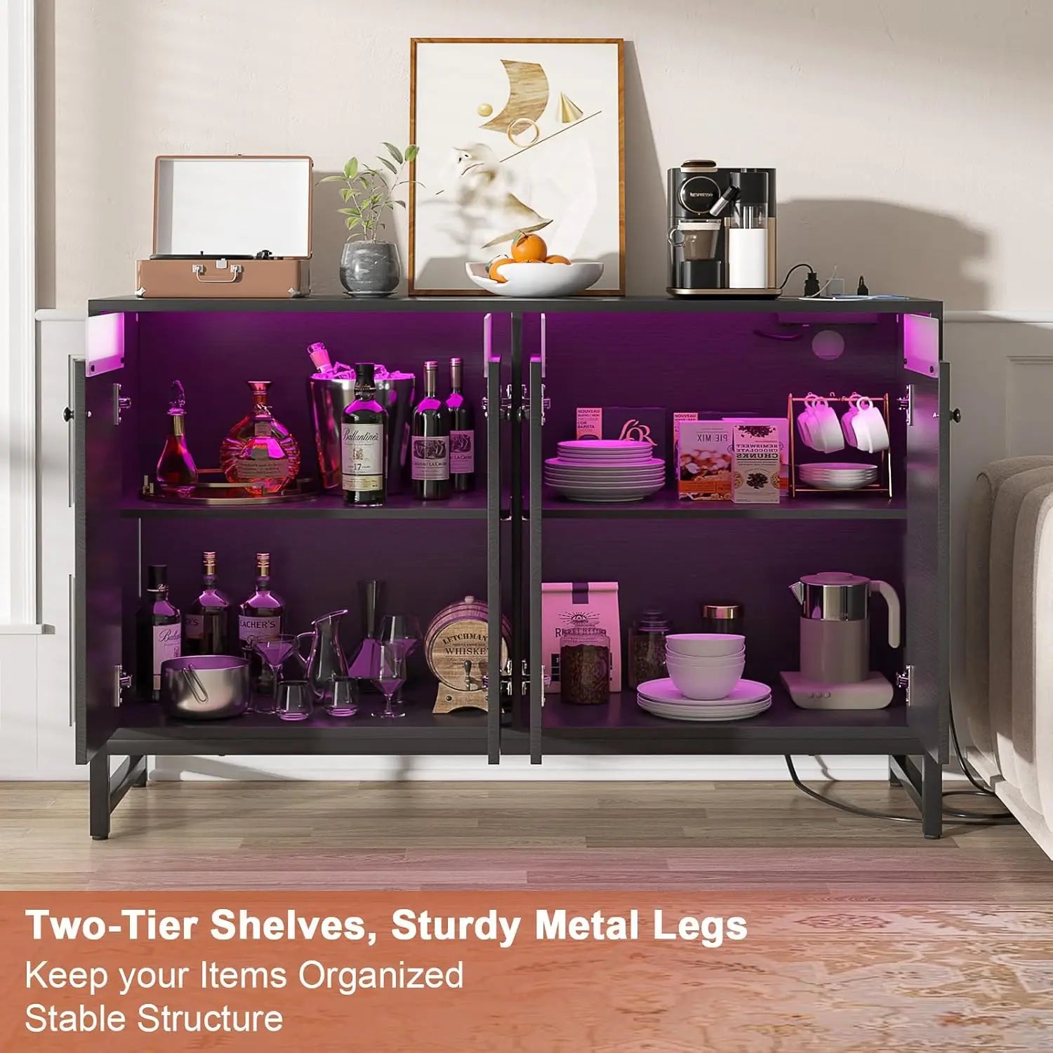 Sideboard Buffet Cabinet with Power Outlet, Kitchen Storage Cabinet with LED Light & Doors