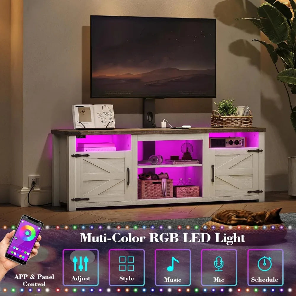 TV Stand with Mount, Farmhouse TV Stand for 32-75 inch TVs with Charging Station LED Lights, Entertainment Center with Storage