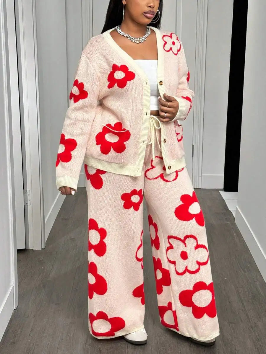 Green Floral Knit Two-Piece Set for Women - V-Neck Cardigan & Wide-Leg Pants, Casual Autumn/ Winter Outfit