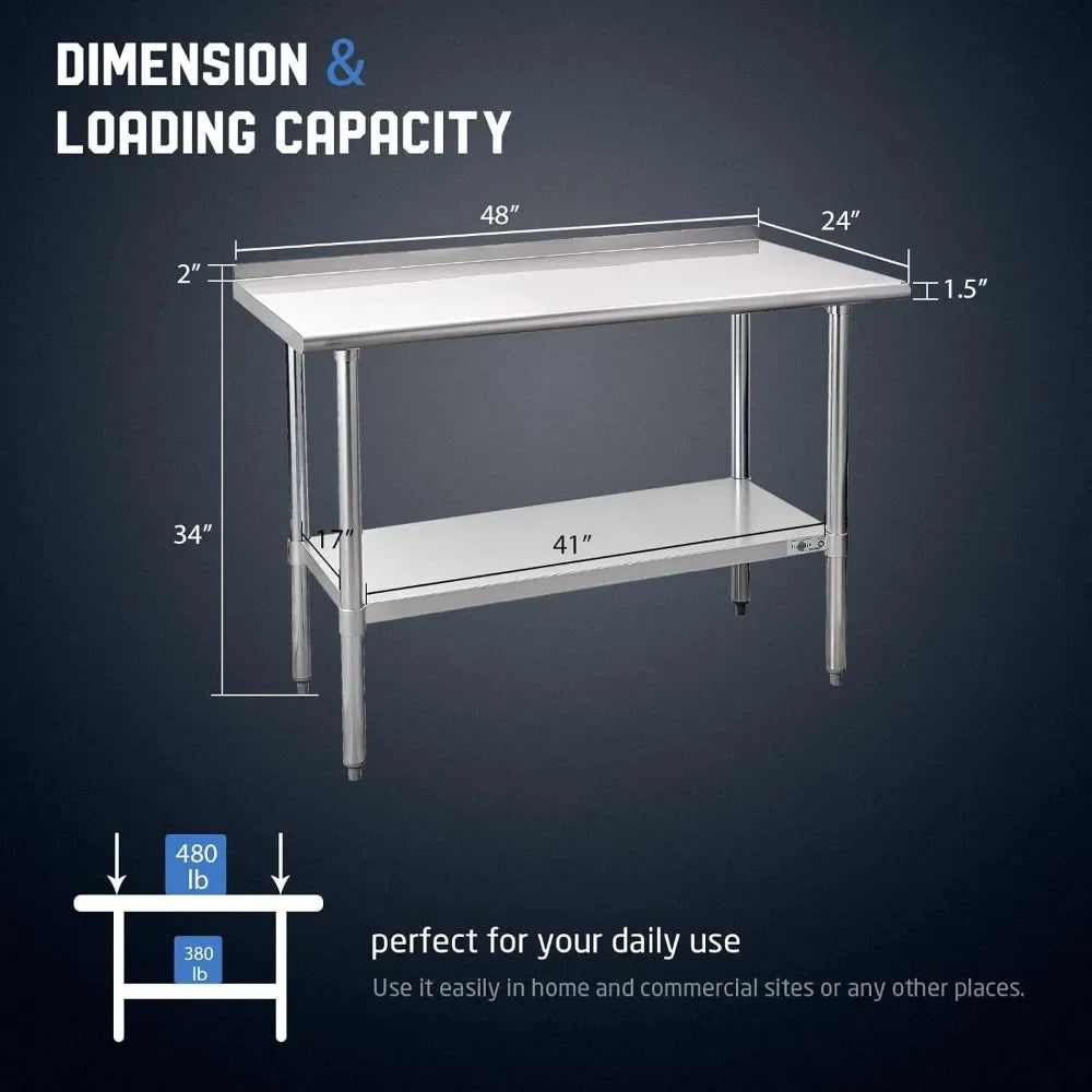 Customizable-Stainless Steel Prep Table NSF Commercial Work Table With Backsplash And Undershelf For Kitchen/ Restaurant 48x24"