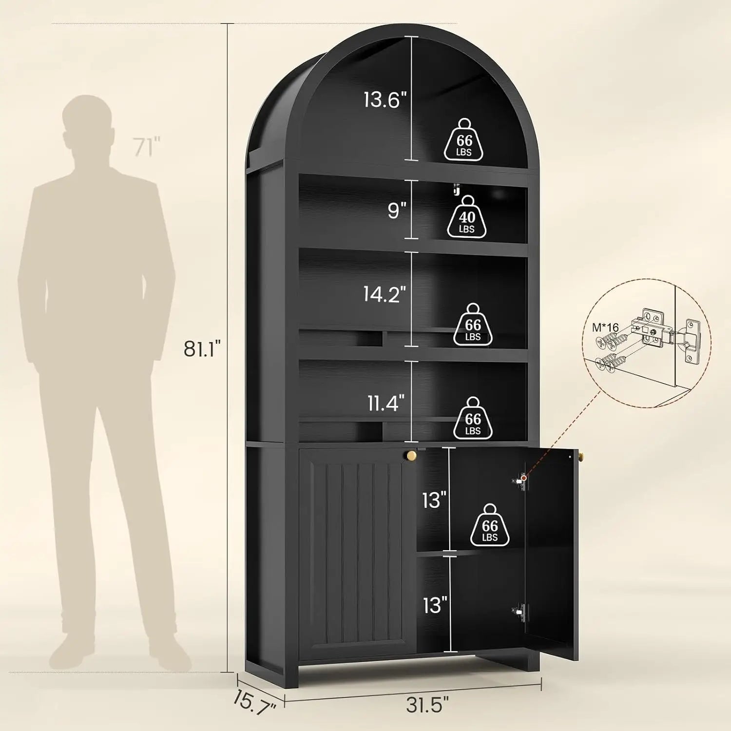 81" Tall Arched Cabinets,6-Tier Bookshelf ,2 Book Risers & Adjustable Shelves For More Storage Space