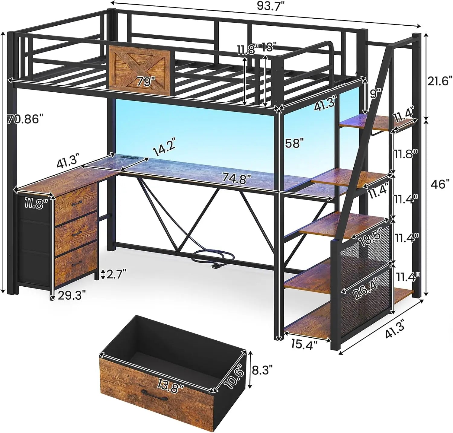 Twin Loft Bed with L-Shaped Desk, Wardrobe & Storage Stairs, LED Lights & Charging Station, Rustic Brown