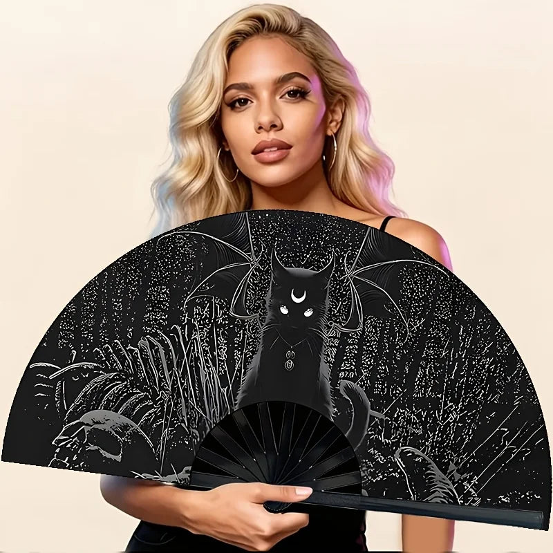 Dark Witch Wind Moon Teeth Black Cat Printed Folding Fan, Starry Sky Forest Handheld Fan, Suitable for Gothic Parties, Gatherings, Dance Performances, Large-scale Events, And Dance Shows.