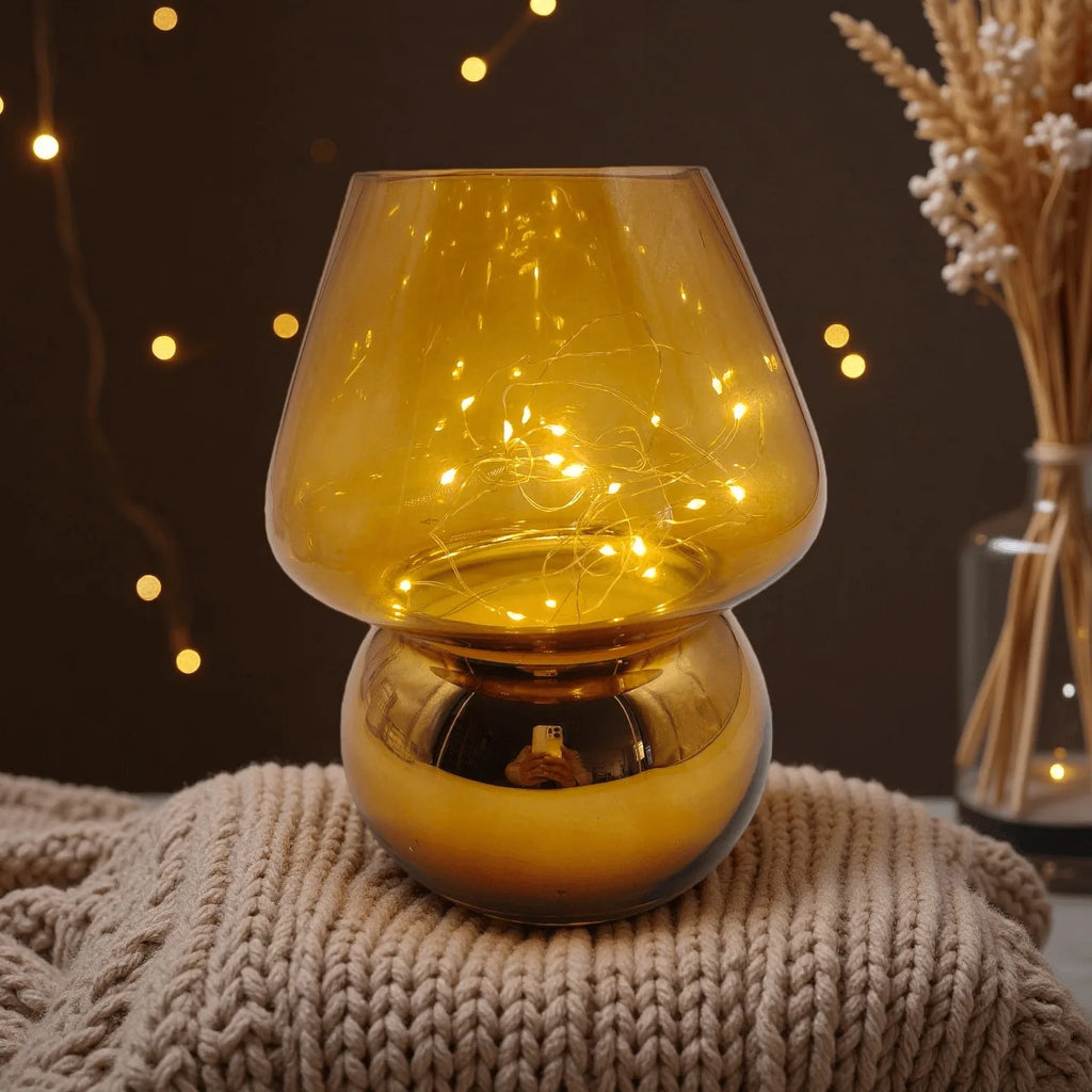 Glass Mushroom Table Lamp/ Battery Operated, Cute Mushroom Shaped LED Fairy Light, Portable Mini Glass Night Light for Bedroom Decor/ Corner Ambient Lighting, Battery Powered (Battery Not Included)