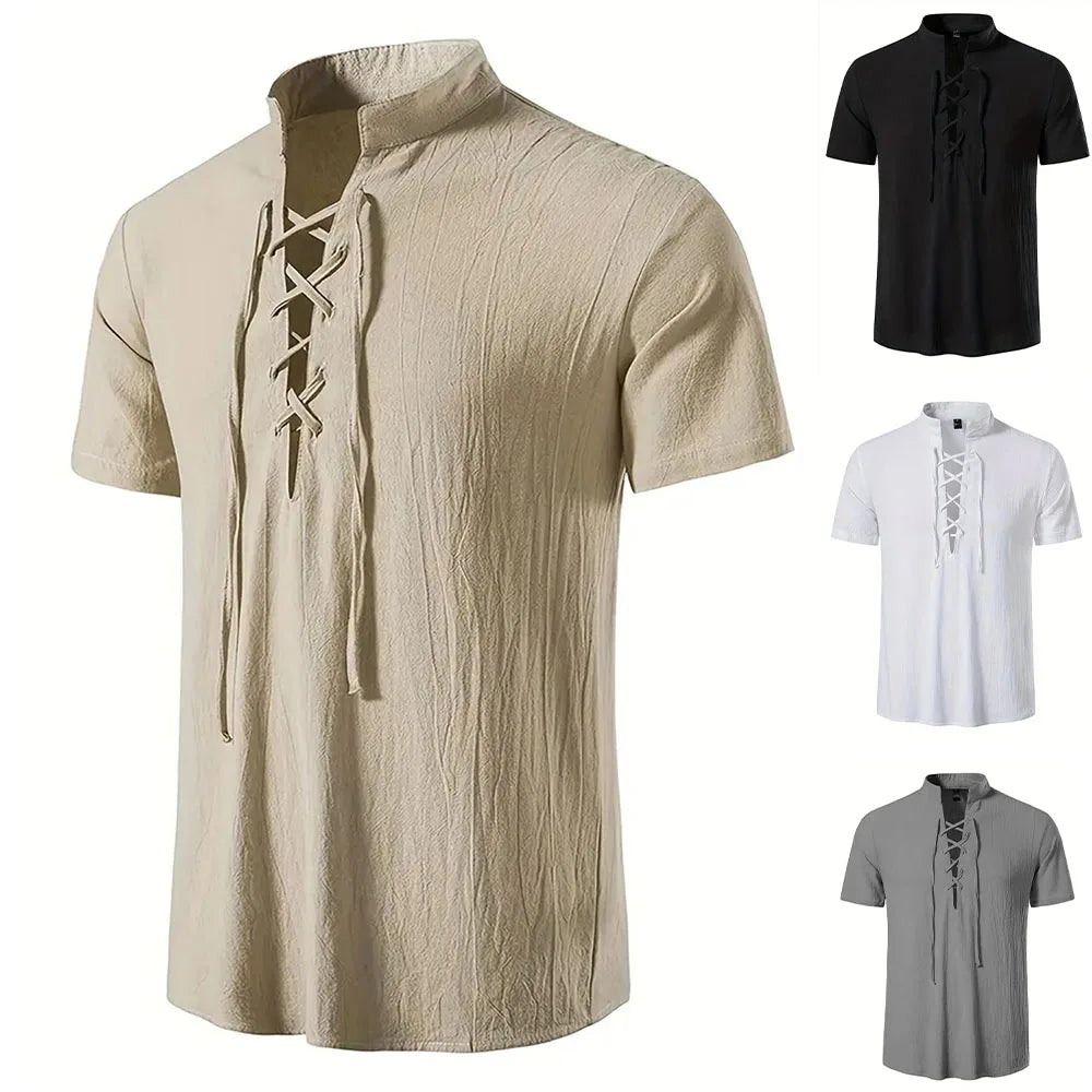 Men's Retro Shirt Short Sleeve Cotton Linen Lightweight Breathable Solid Color Fashion Tops Pirate V-neck Male Stylish Shirt