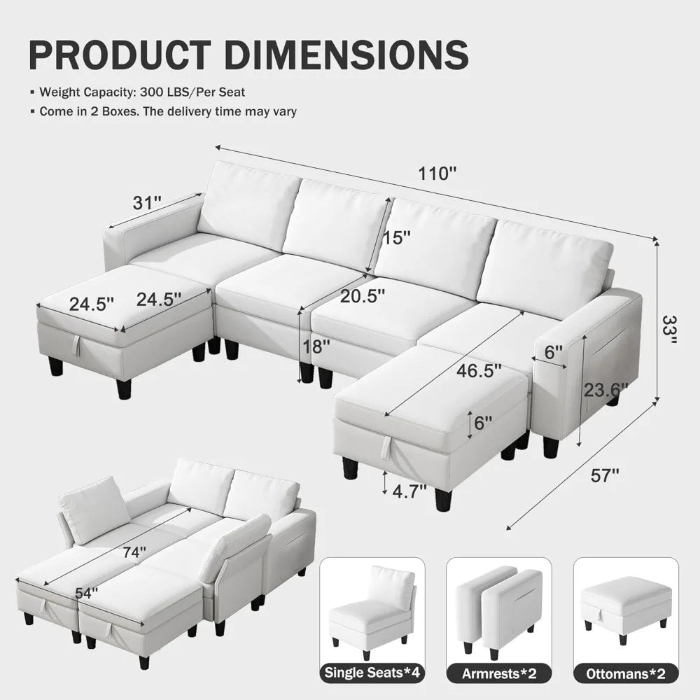 Modular Sectional Sofa, 110" Modular Couch with Storage & Adjustable Backrest, 6-Seat Convertible Sectional Couches